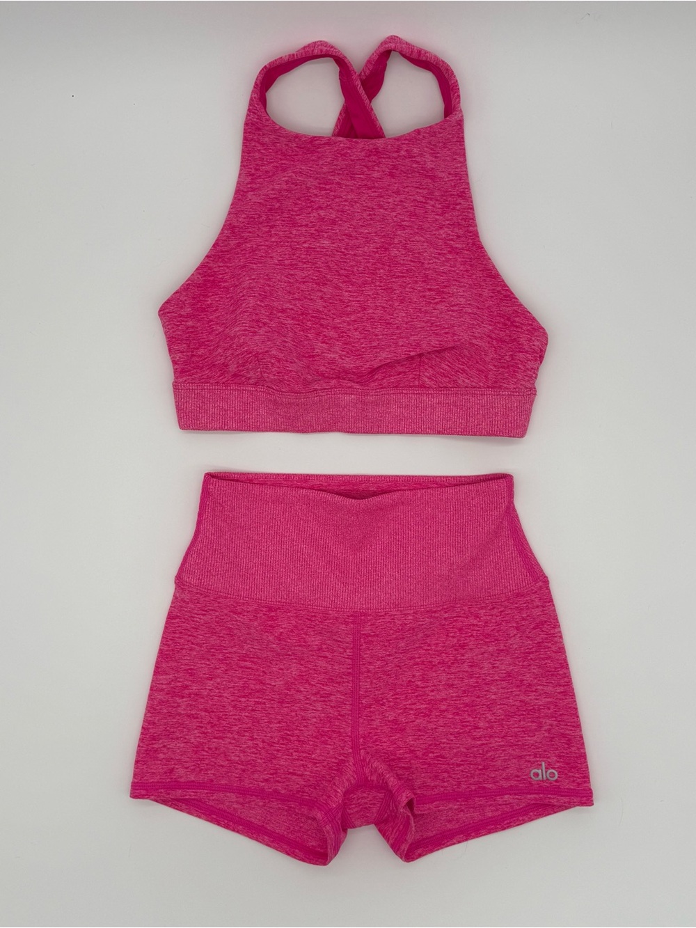 Alo Yoga Pink Heather Sports Bra + High Waist Shorts Set XS